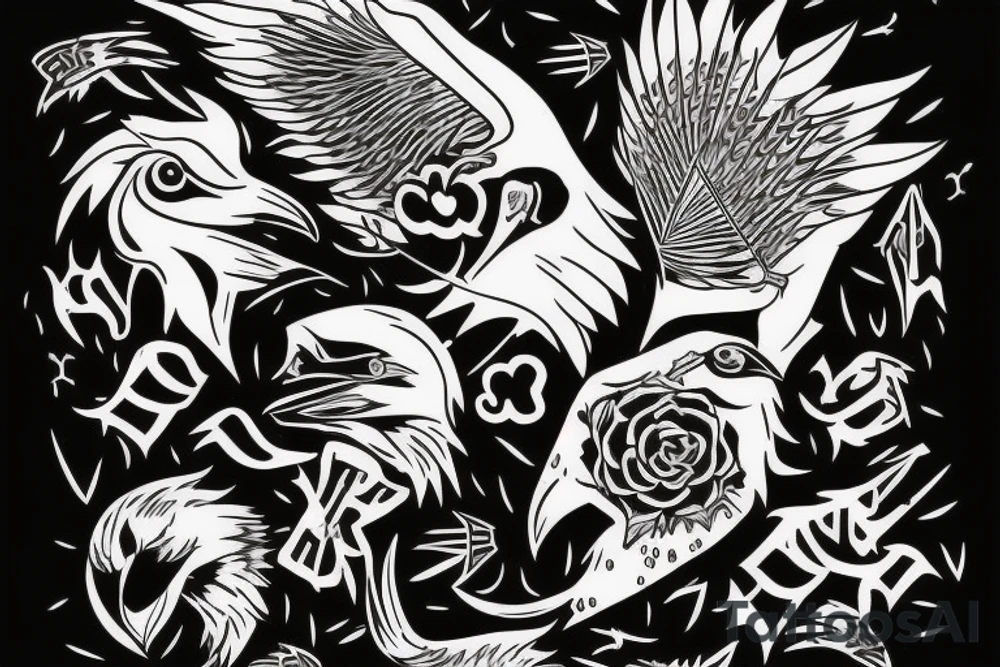 crow with white winds falling in darkness, dark street, raining cats and dogs, arrows hit the crow, it hurts, it falls tattoo idea