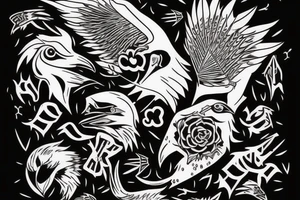 crow with white winds falling in darkness, dark street, raining cats and dogs, arrows hit the crow, it hurts, it falls tattoo idea