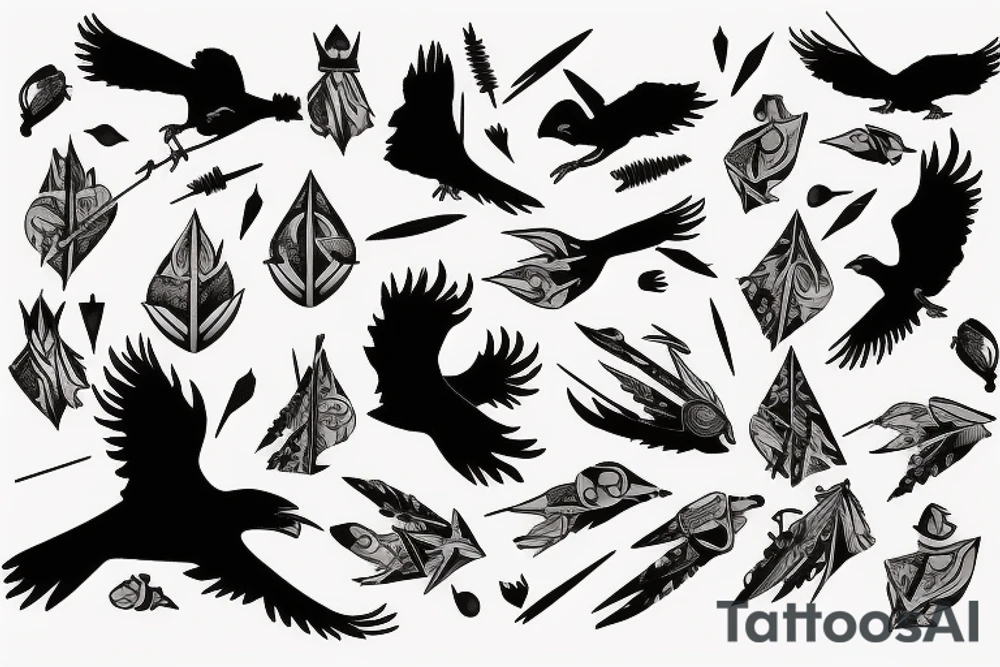 crow with white winds falling in darkness, dark street, raining cats and dogs, arrows hit the crow, it hurts, it falls tattoo idea