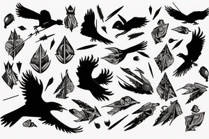 crow with white winds falling in darkness, dark street, raining cats and dogs, arrows hit the crow, it hurts, it falls tattoo idea