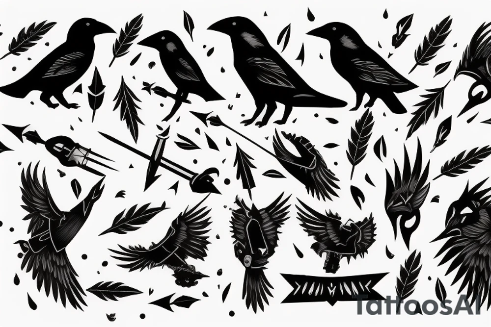 crow with white winds falling in darkness, dark street, raining cats and dogs, arrows hit the crow, it hurts, it falls tattoo idea