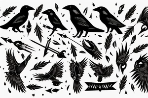 crow with white winds falling in darkness, dark street, raining cats and dogs, arrows hit the crow, it hurts, it falls tattoo idea