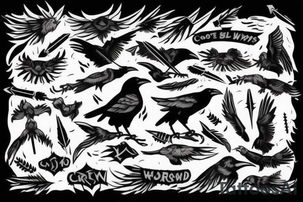 crow with white winds falling in darkness, dark street, raining cats and dogs, arrows hit the crow, it hurts, it falls tattoo idea