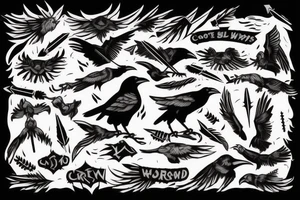 crow with white winds falling in darkness, dark street, raining cats and dogs, arrows hit the crow, it hurts, it falls tattoo idea