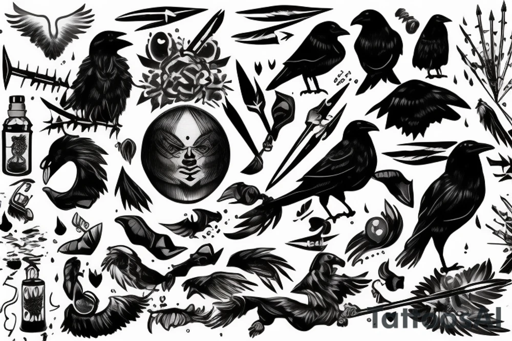 crow with white winds falling in darkness, dark street, raining cats and dogs, arrows hit the crow, it hurts, it falls tattoo idea