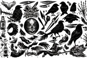 crow with white winds falling in darkness, dark street, raining cats and dogs, arrows hit the crow, it hurts, it falls tattoo idea
