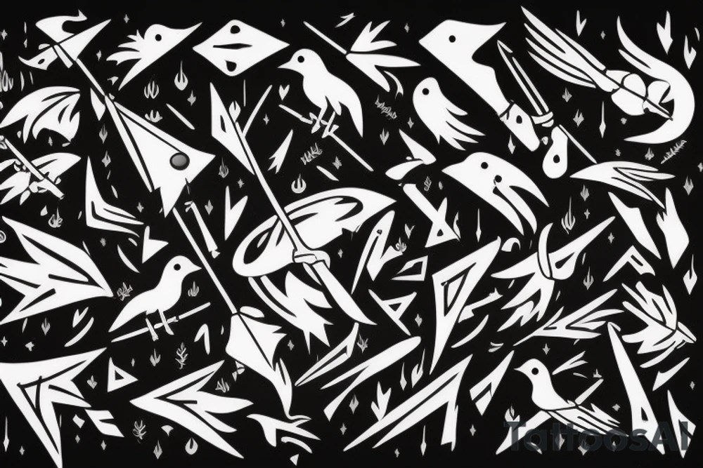 crow with white winds falling in darkness, dark street, raining cats and dogs, arrows hit the crow, it hurts, it falls tattoo idea