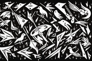 crow with white winds falling in darkness, dark street, raining cats and dogs, arrows hit the crow, it hurts, it falls tattoo idea