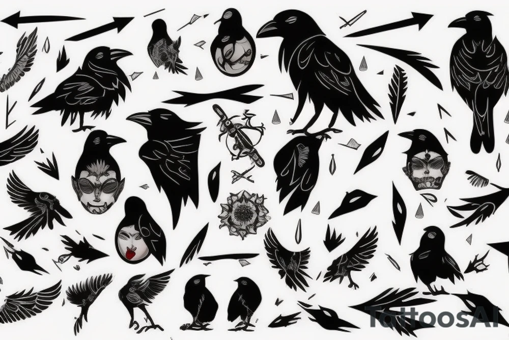 crow with white winds falling in darkness, dark street, raining cats and dogs, arrows hit the crow, it hurts, it falls tattoo idea