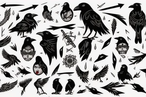 crow with white winds falling in darkness, dark street, raining cats and dogs, arrows hit the crow, it hurts, it falls tattoo idea
