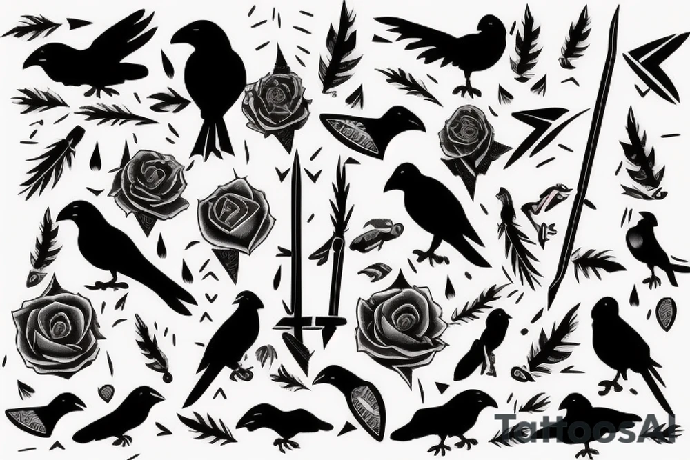 crow with white winds falling in darkness, dark street, raining cats and dogs, arrows hit the crow, it hurts, it falls tattoo idea