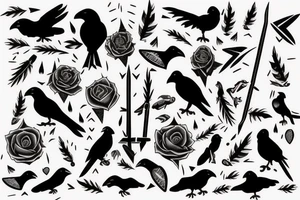 crow with white winds falling in darkness, dark street, raining cats and dogs, arrows hit the crow, it hurts, it falls tattoo idea