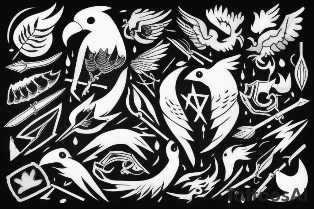 crow with white winds falling in darkness, dark street, raining cats and dogs, arrows hit the crow, it hurts, it falls tattoo idea