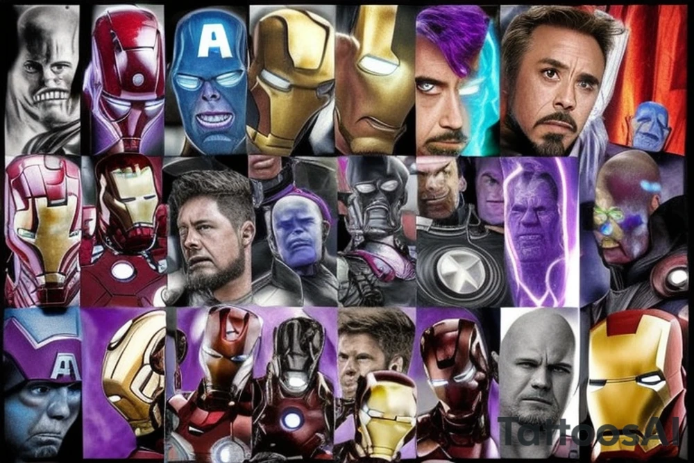 A marvel Themed with iron man being the centre with captain America hulk and Thor around him and then thanos with the infinity gauntlet on the other side I would like them all to be in black and Grey but have the infinity stones in colour and also have smoke going around them with hints of purple and blues tattoo idea