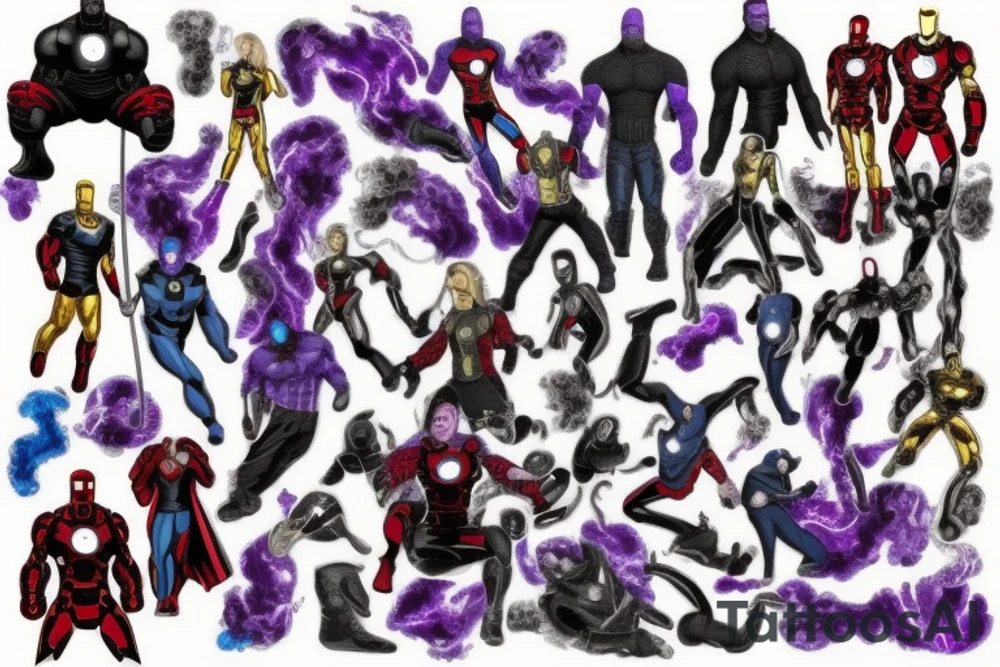 A marvel Themed with iron man being the centre with captain America hulk and Thor around him and then thanos with the infinity gauntlet on the other side I would like them all to be in black and Grey but have the infinity stones in colour and also have smoke going around them with hints of purple and blues tattoo idea