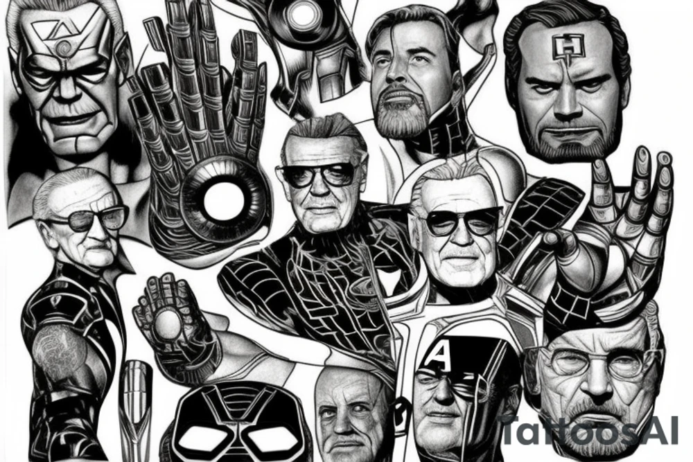 A marvel Themed with iron man being the centre with captain America hulk and Thor around him and then thanos with the infinity gauntlet on the other side I would like them all to be in black and Grey but have the infinity stones in colour tattoo idea