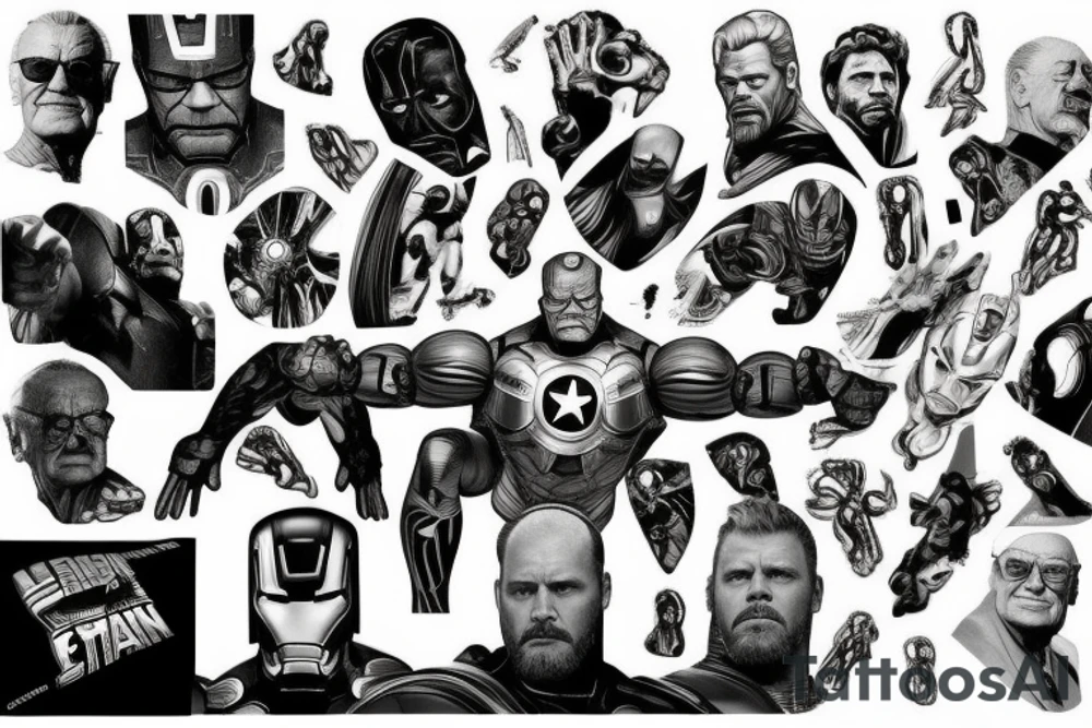 A marvel Themed with iron man being the centre with captain America hulk and Thor around him and then thanos with the infinity gauntlet on the other side I would like them all to be in black and Grey but have the infinity stones in colour tattoo idea
