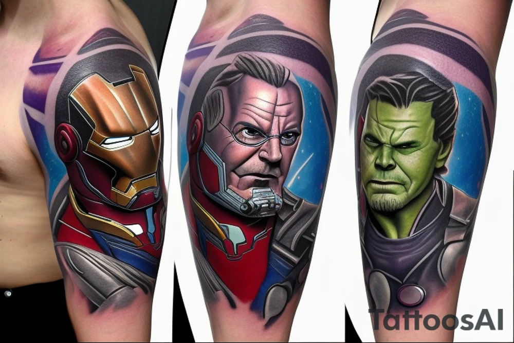 A marvel Themed with iron man being the centre with captain America hulk and Thor around him and then thanos with the infinity gauntlet on the other side I would like them all to be in black and Grey but have the infinity stones in colour tattoo idea
