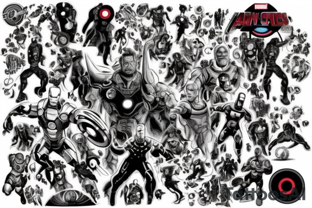 A marvel Themed with iron man being the centre with captain America hulk and Thor around him and then thanos with the infinity gauntlet on the other side I would like them all to be in black and Grey but have the infinity stones in colour tattoo idea