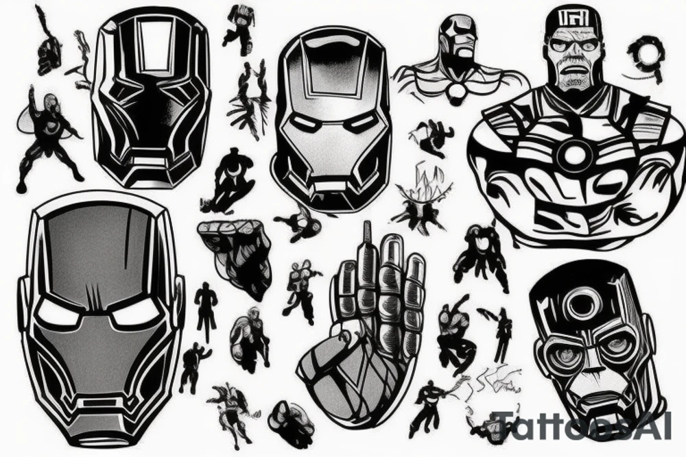 A marvel Themed with iron man being the centre with captain America hulk and Thor around him and then thanos with the infinity gauntlet on the other side I would like them all to be in black and Grey but have the infinity stones in colour tattoo idea