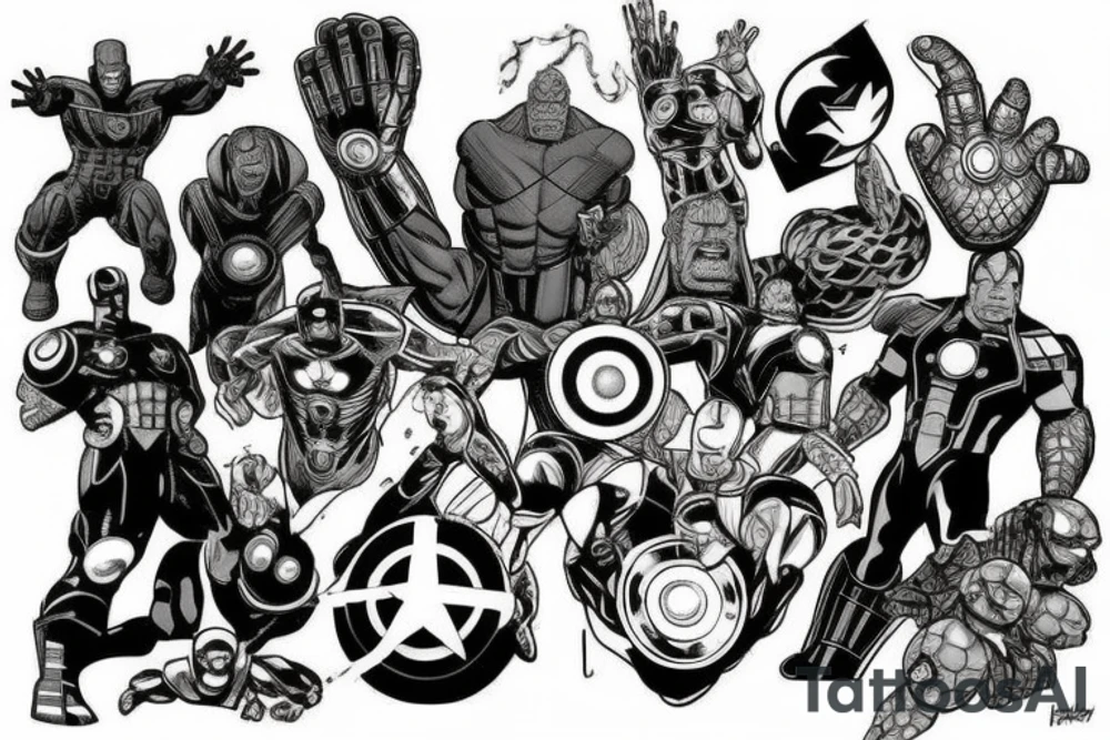 A marvel Themed with iron man being the centre with captain America hulk and Thor around him and then thanos with the infinity gauntlet on the other side I would like them all to be in black and Grey but have the infinity stones in colour tattoo idea