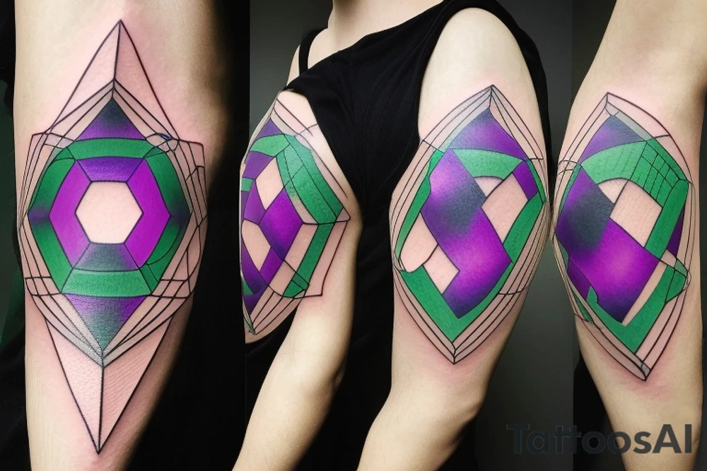 A geometric tattoo which hexagons connected by circuitry that fades from a purple to green tattoo idea