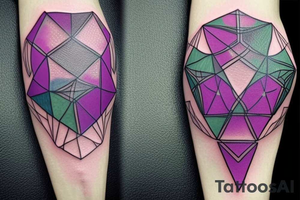 A geometric tattoo which hexagons connected by circuitry that fades from a purple to green tattoo idea