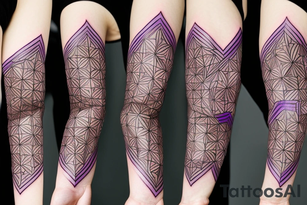 A geometric tattoo which hexagons connected by circuitry that fades from a purple to green tattoo idea