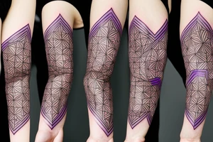 A geometric tattoo which hexagons connected by circuitry that fades from a purple to green tattoo idea