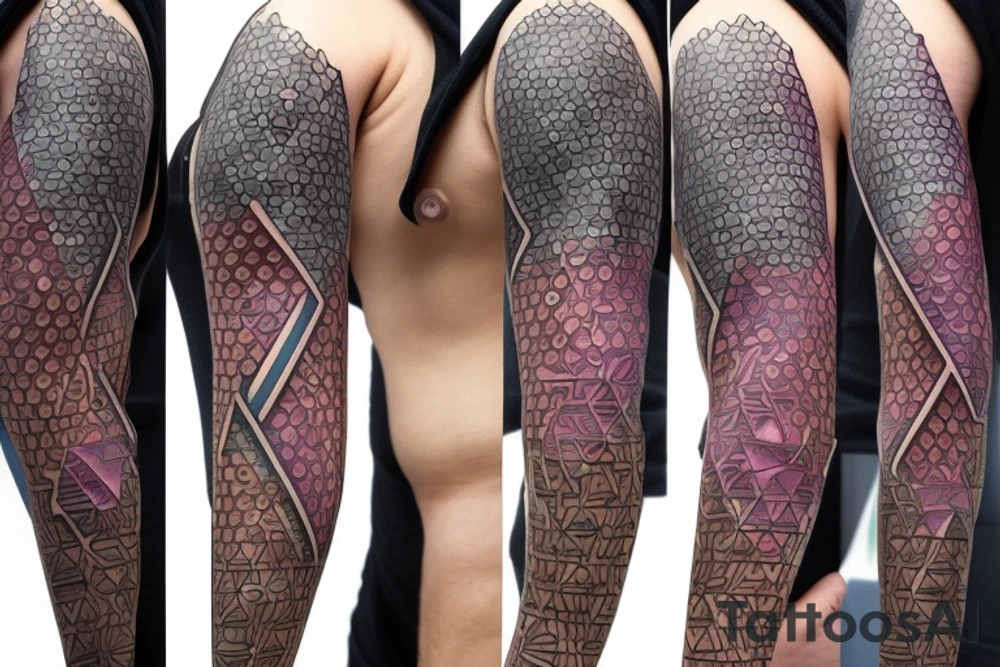 A geometric tattoo which hexagons connected by circuitry that fades from a purple to green tattoo idea