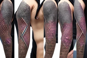A geometric tattoo which hexagons connected by circuitry that fades from a purple to green tattoo idea