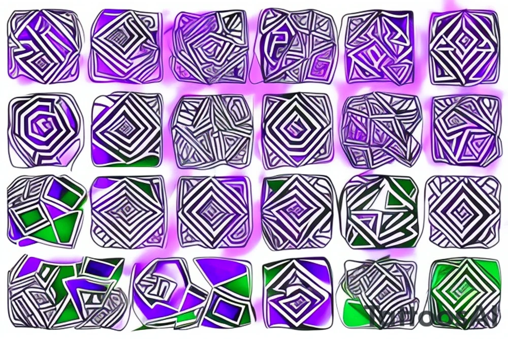 A geometric tattoo which hexagons connected by circuitry that fades from a purple to green tattoo idea