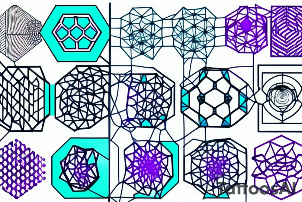 Hexagons connected by lines which looks like circuits. Green, light blue, and purple tattoo idea