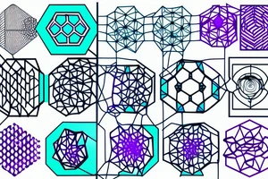 Hexagons connected by lines which looks like circuits. Green, light blue, and purple tattoo idea