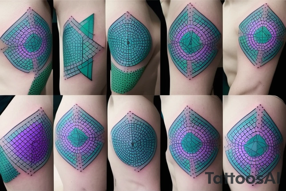 Hexagons connected by lines which looks like circuits. Green, light blue, and purple tattoo idea