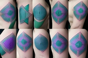 Hexagons connected by lines which looks like circuits. Green, light blue, and purple tattoo idea