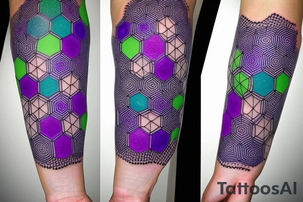 Hexagons connected by lines which looks like circuits. Green, light blue, and purple on forearm to bicep tattoo idea
