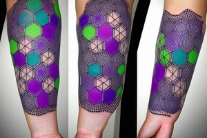 Hexagons connected by lines which looks like circuits. Green, light blue, and purple on forearm to bicep tattoo idea