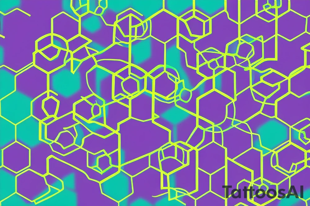 Hexagons connected by lines which looks like circuits. Green, light blue, and purple on forearm to bicep tattoo idea