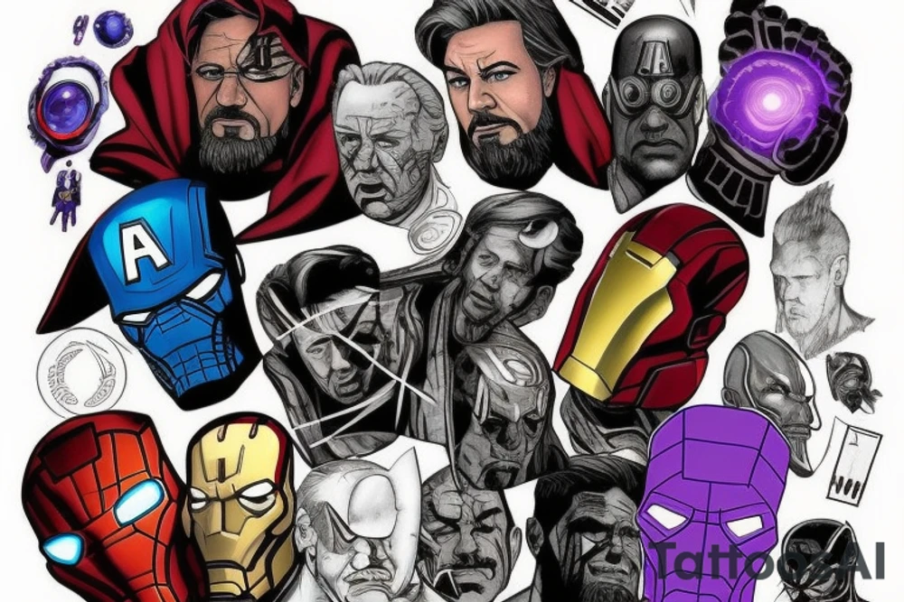 A marvel Themed with iron man being the centre with captain America hulk and Thor around him and then thanos with the infinity gauntlet on the other side I would like them all to be in black and Grey but have the infinity stones in colour tattoo idea