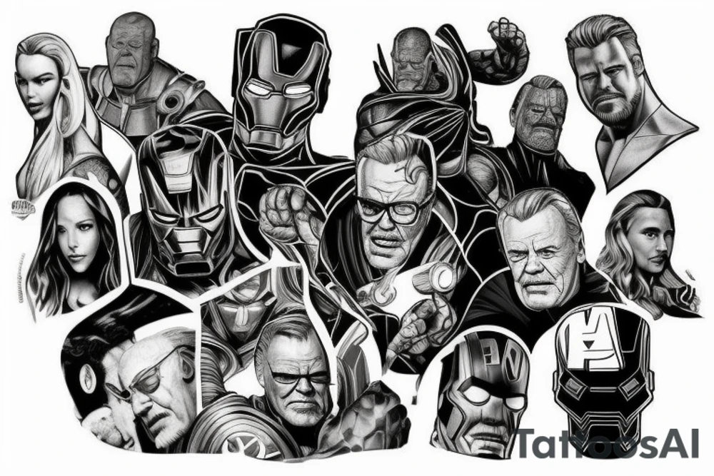 A marvel Themed with iron man being the centre with captain America hulk and Thor around him and then thanos with the infinity gauntlet on the other side I would like them all to be in black and Grey but have the infinity stones in colour tattoo idea