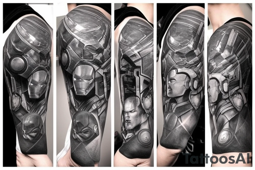 A marvel Themed with iron man being the centre with captain America hulk and Thor around him and then thanos with the infinity gauntlet on the other side I would like them all to be in black and Grey but have the infinity stones in colour tattoo idea