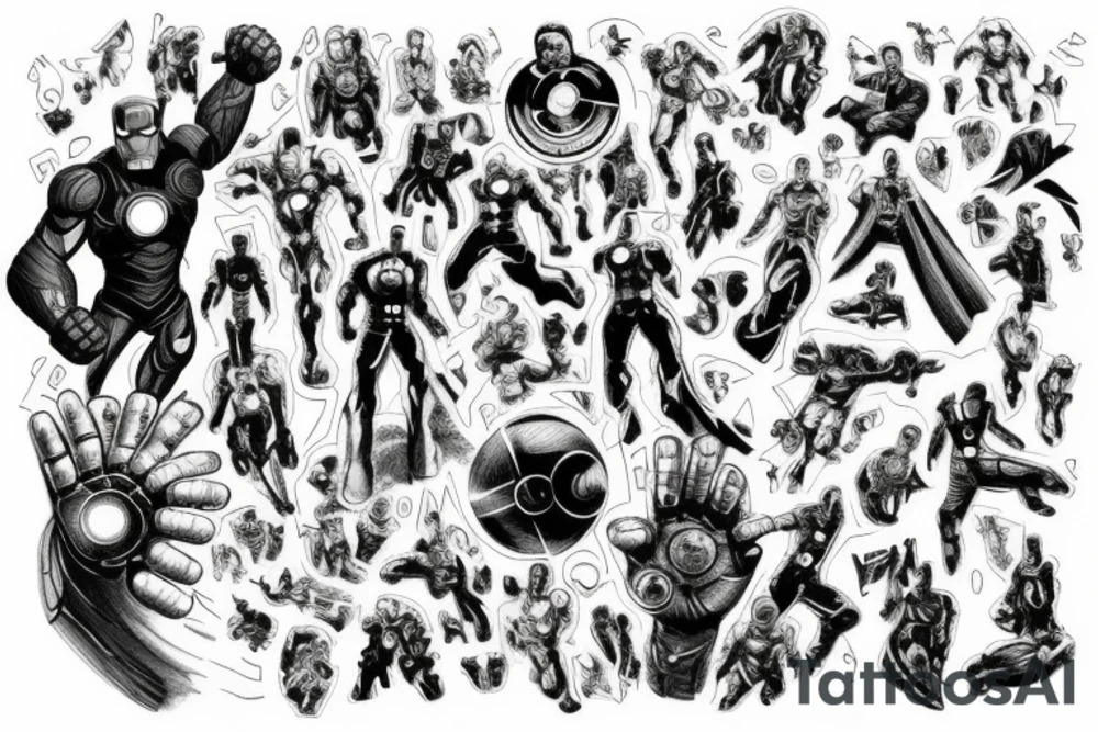 A marvel Themed with iron man being the centre with captain America hulk and Thor around him and then thanos with the infinity gauntlet on the other side I would like them all to be in black and Grey but have the infinity stones in colour tattoo idea