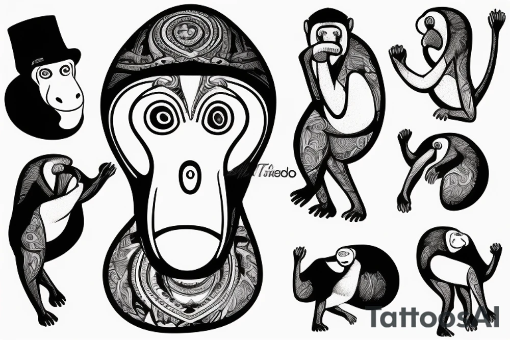 a Proboscis Monkey wearing a tuexedo and a cilinder hat tattoo idea