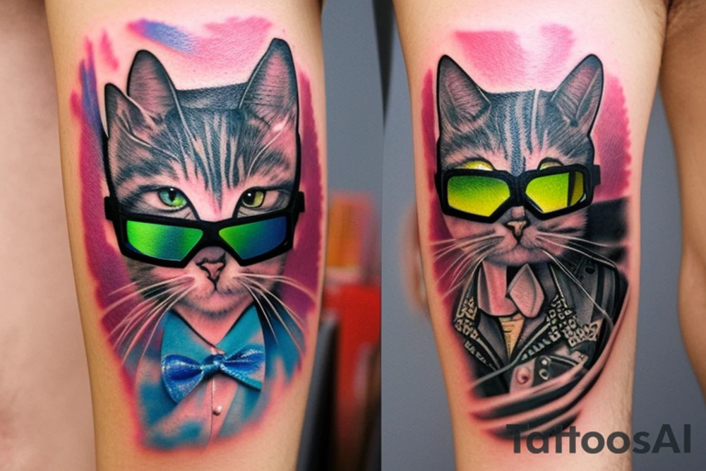 cat with cyberpunk glasses tattoo idea