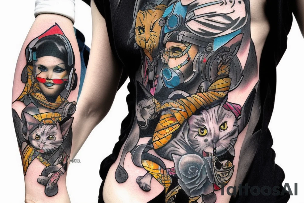 cat smokes in cyberpunk costume tattoo idea