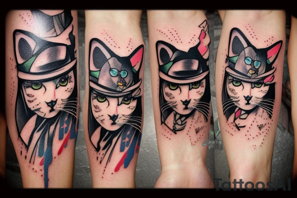 cat smokes in cyberpunk costume tattoo idea