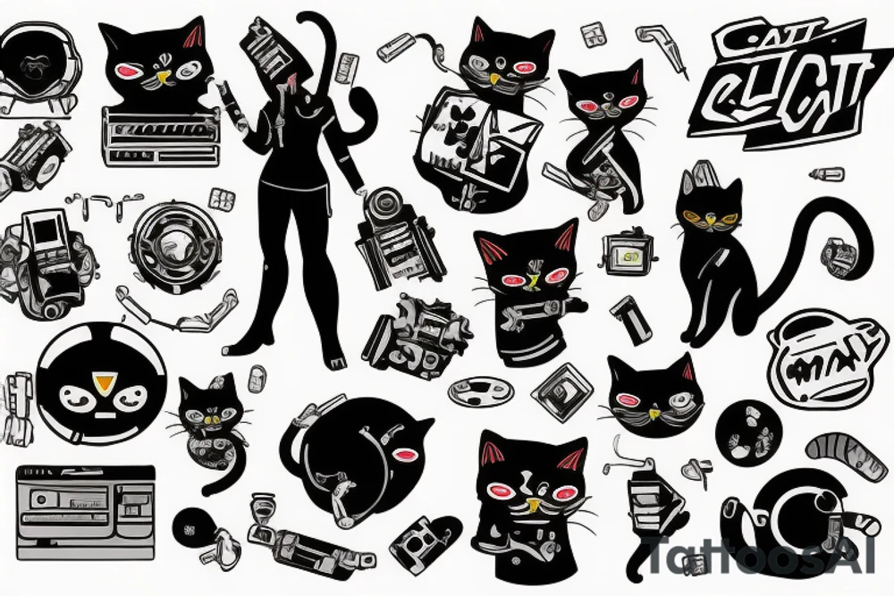 cat smokes in cyberpunk costume tattoo idea