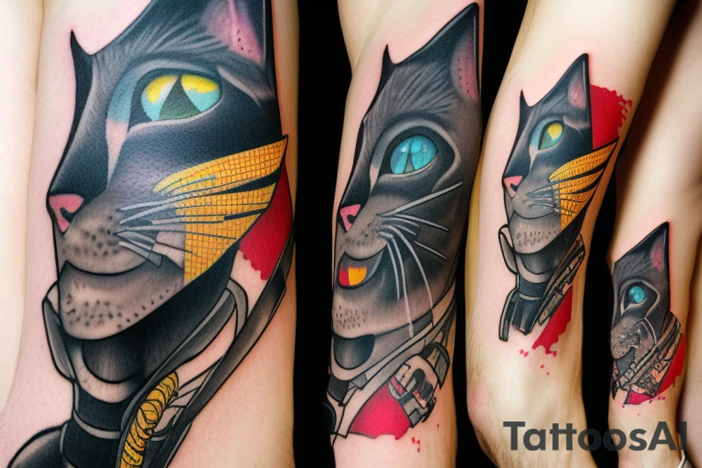 cat smokes in cyberpunk costume tattoo idea