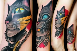 cat smokes in cyberpunk costume tattoo idea